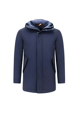 Heren winterjas in marineblauw met capuchon, voorzien van een verborgen ritssluiting aan de voorkant en zijzakken, ontworpen voor koud weer.