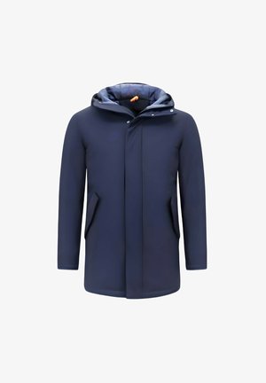 Heren winterjas in marineblauw met capuchon, voorzien van een verborgen ritssluiting aan de voorkant en zijzakken, ontworpen voor koud weer.