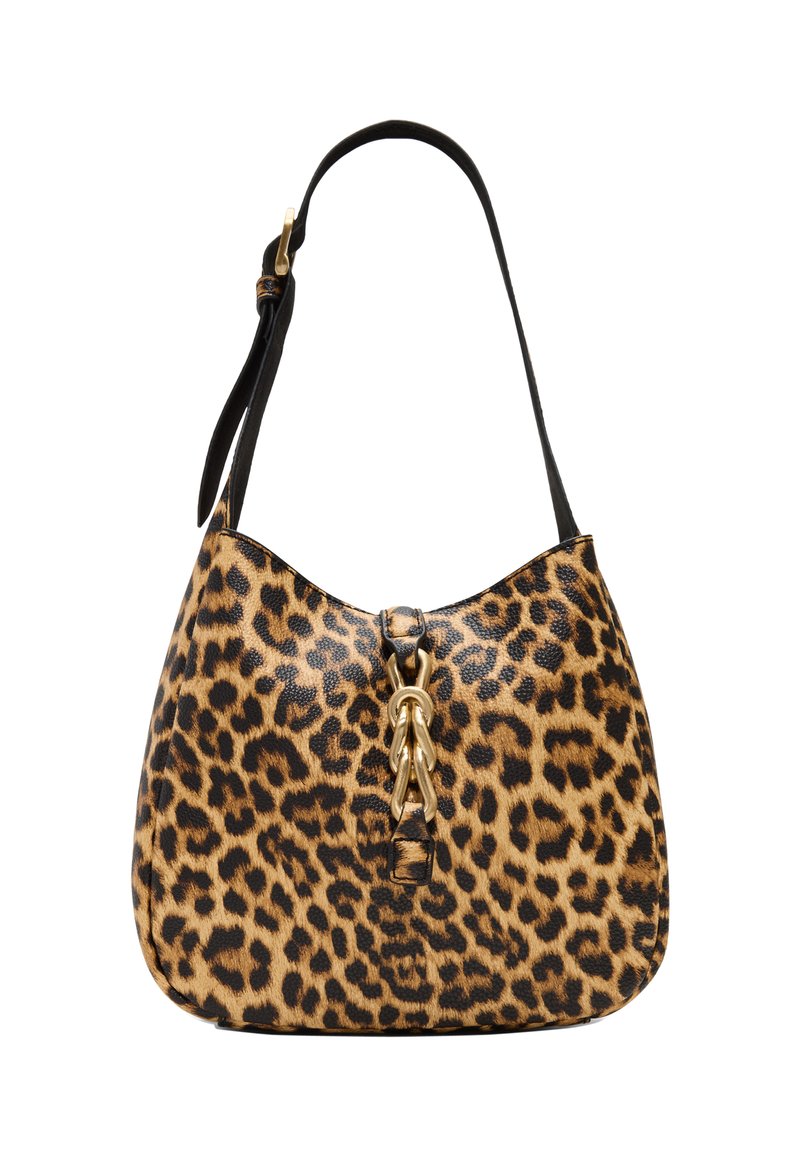 Borsa a tracolla con stampa leopardata, texture liscia, hardware in oro e tracolla in pelle nera; forma morbida e cadente con una parte superiore curva.
