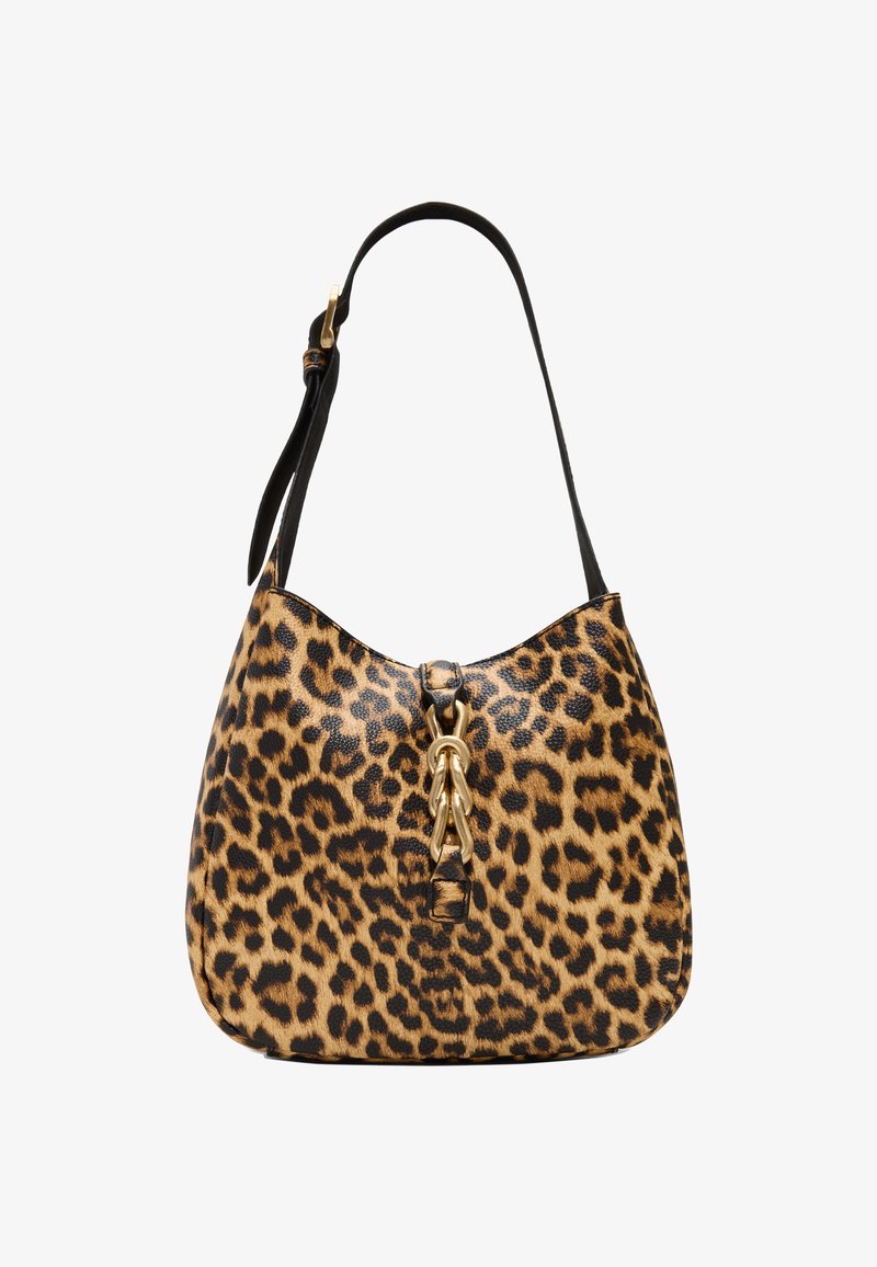 Leopard print handbag with a smooth texture, gold hardware, and a black leather strap; soft, slouchy shape with a curved top.