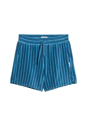 Blaue Frottee-Shorts mit vertikalen hellblauen Streifen, elastischem Bund mit Kordelzug und Seitentaschen.