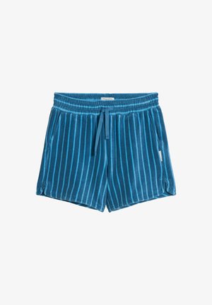 Blaue Frottee-Shorts mit vertikalen hellblauen Streifen, elastischem Bund mit Kordelzug und Seitentaschen.