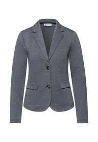Blazer gris pour femme, ajusté, avec manches longues, deux boutons, deux poches à rabat à l'avant et col à revers cranté.