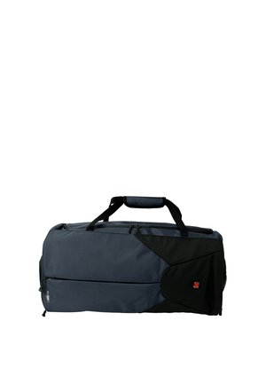 Duffel bag in dark gray with black accents, rectangular shape, dual handles, zippered compartments, and textured fabric surface.