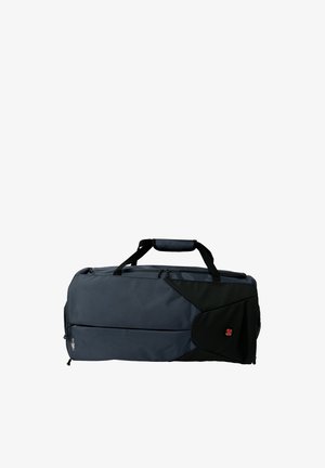 Dufflebag in donkergrijs met zwarte accenten, rechthoekige vorm, dubbele handgrepen, met rits afgesloten compartimenten en een gestructureerde stofoppervlak.