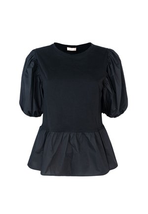 Top nero con maniche corte a sbuffo e vita arricciata. Realizzato in un materiale morbido con un orlo a strati e svasato.