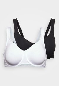 Se presentan dos sujetadores: uno blanco y otro negro. Ambos tienen una tela suave y lisa, tirantes ajustables y un diseño sin costuras con copas moldeadas.