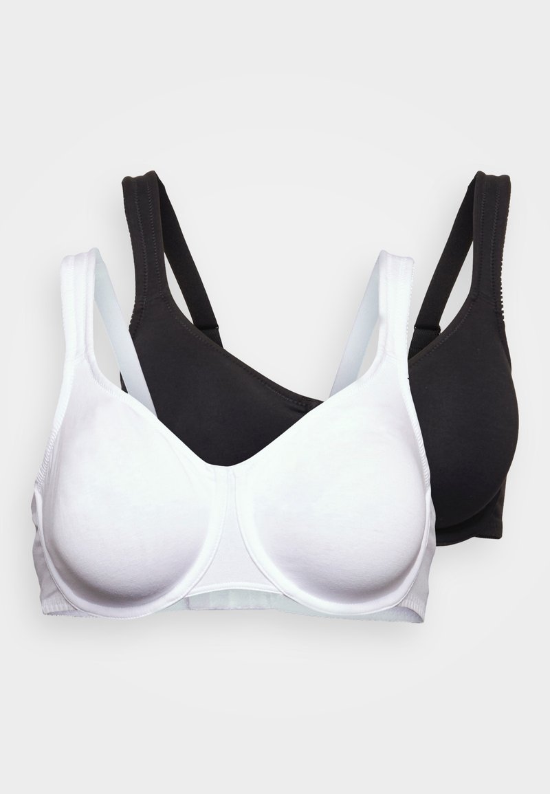 Se presentan dos sujetadores: uno blanco y otro negro. Ambos tienen una tela suave y lisa, tirantes ajustables y un diseño sin costuras con copas moldeadas.