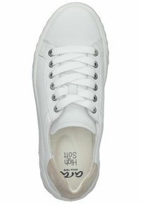 Baskets blanches avec une tige en cuir lisse, bout rond, lacets plats, œillets en argent, semelle intérieure à motif et un accent beige doux au niveau du talon.