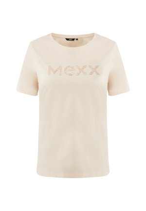 Crème-kleurig katoenen T-shirt met korte mouwen en een ronde halslijn. Met het "MEXX" logo in metallic accenten. Glad textuur.