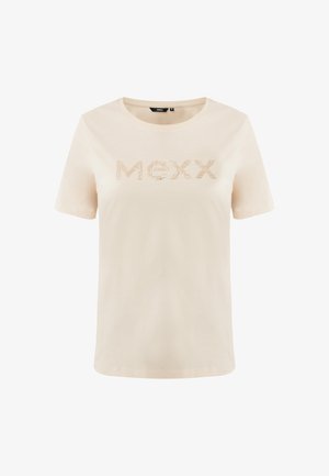 Crème-kleurig katoenen T-shirt met korte mouwen en een ronde halslijn. Met het "MEXX" logo in metallic accenten. Glad textuur.