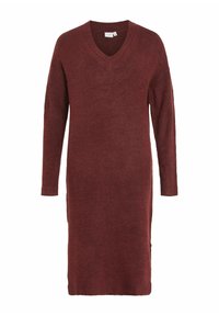 Robe tricotée bordeaux avec un décolleté en V, des manches longues et des fentes sur les côtés. Texture douce et coupe décontractée, conçue pour un usage quotidien.