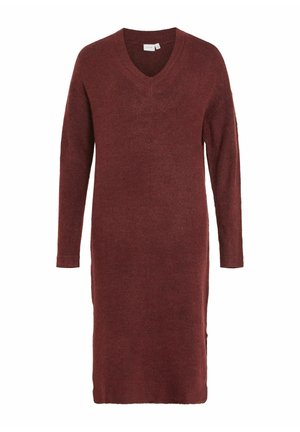 Abito in maglia color marrone porpora con scollatura a V, maniche lunghe e aperture laterali. Morbido al tatto e vestibilità comoda, progettato per un look casual.