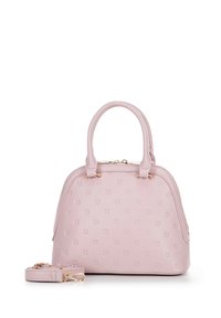 Roze leren handtas met een ronde vorm, geïmpregneerd bloemendessin, goudkleurige hardware, dubbele top handvatten en een verstelbare schouderband.