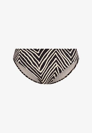 Bikini-Hose im Zebramuster mit schwarzen und beigen Zickzack-Mustern, weichem Stoff, mittlerer Abdeckung und elastischem Bund.