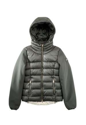 Giacca imbottita grigio scuro con parte anteriore trapuntata, maniche lisce, cappuccio, cerniera frontale e due tasche con zip.