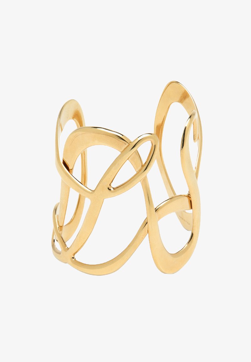 Auksinis apyrankė su pintais, lygiais lankais, sukuriančiais sklandų dizainą. Turi poliruotą paviršių ir atvirą struktūrą, leidžiančią reguliuoti dydį.