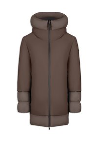 Chaqueta acolchada marrón con un alto cuello, mangas cortas y cierre frontal de cremallera. Presenta un exterior suave y liso con puños elásticos. Diseño minimalista.