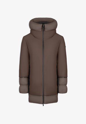 Veste matelassée marron avec un col montant, des manches mi-longues et une fermeture éclair à l'avant. Dotée d'un extérieur doux et lisse ainsi que de poignets élastiques. Design minimaliste.