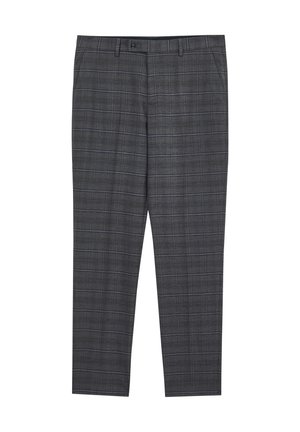 Pantaloni a quadri grigi con una vestibilità su misura. Presentano un davanti piatto, passanti per cintura e sottili accenti blu nel motivo. Realizzati in tessuto tessuto.