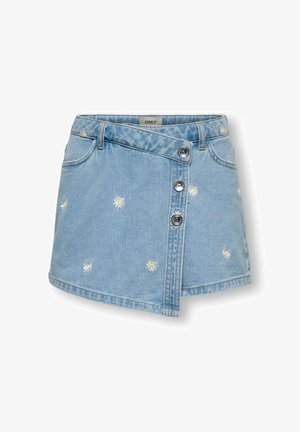 Lyseblå denim mininederdel med lille hvid tusindfrydsbroderi, tre sølvknapper foran og bæltestropper i taljen.