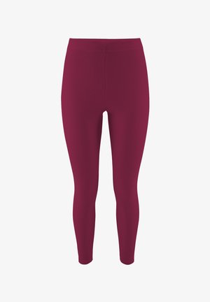 Burgundowe legginsy z prążkowanej tkaniny, z wysokim stanem i dopasowanym krojem. Tekstura jest gładka z subtelnym wzorem.