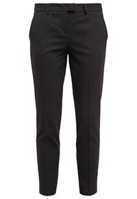 Pantalon noir ajusté à coupe slim avec fines rayures blanches verticales, poches latérales et passants pour ceinture, présenté sur fond blanc.