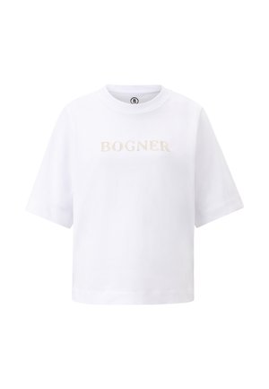 White short-sleeve t-shirt in cotton with a round neckline and "BOGNER" embroidered in a light color across the chest. Plain design.