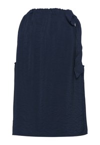 Jupe bleu marine en tissu texturé, avec une taille froncée et des poches latérales, dotée d'un accent en lien sur un côté.