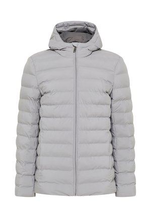 Jasnoszara kurtka puchowa z kapturem, z zapięciem na zamek, poziomym pikowaniem i elastycznymi mankietami. Minimalistyczny design.