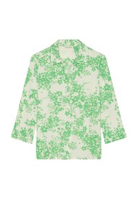 Grön blommig blus med krage, trekvartslånga ärmar och knäppning fram. Tillverkad av lätt och mjukt tyg.