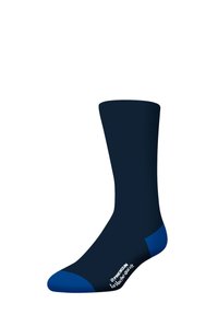 Chaussette bleu marine au design uni, avec un bout et un talon de couleur bleu clair. Fabriquée en matériau lisse, elle arbore une marque blanche en bas.