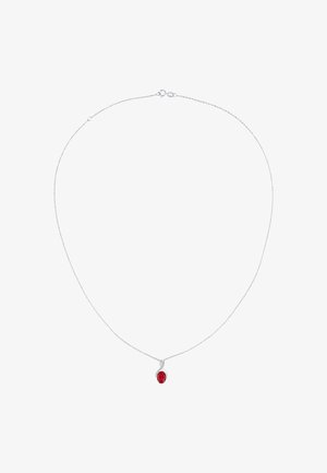 Collana in argento con pendente a forma ovale in pietra preziosa rossa, caratterizzato da una superficie liscia e un design minimalista. Chiusura con gancio.