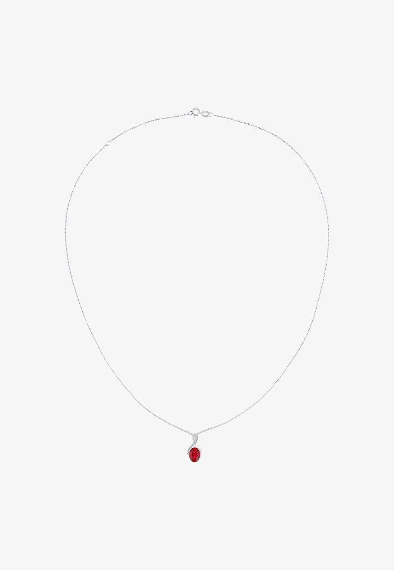 Collana in argento con pendente a forma ovale in pietra preziosa rossa, caratterizzato da una superficie liscia e un design minimalista. Chiusura con gancio.