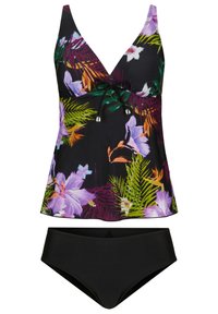 Set di bikini nero composto da un tankini con motivo floreale e accenti viola e verde, con coulisse regolabile e slip neri a vita alta coordinati.