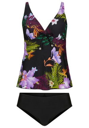 Ensemble de bikini noir comprenant un tankini à motif floral avec des accents violets et verts, un cordon de serrage réglable, et un bas taille haute noir assorti.