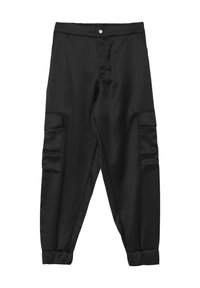 Schwarze Cargo-Hosen aus glattem Stoff mit Seitentaschen, elastischen Bündchen und einem knopfverschließbaren Bund.