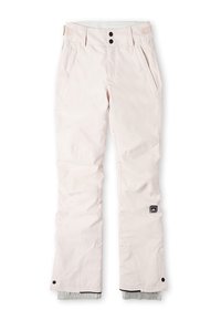 Pantalon de neige rose clair avec fermeture à double bouton, poches latérales, coutures aux genoux, poignets ajustables aux chevilles et petite étiquette logo noire sur la jambe.