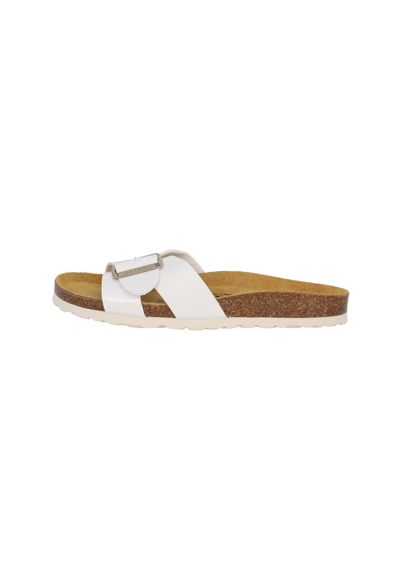 Dad sandals blanches avec une sangle ajustable, semelle en liège et semelle extérieure en caoutchouc texturé. Design élégant avec un détail de boucle minimaliste.