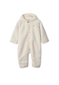Krémový fleecový overal s kapucí, s uzávěrem na patentky, měkkou texturou a malým medvědím emblémem na hrudi.
