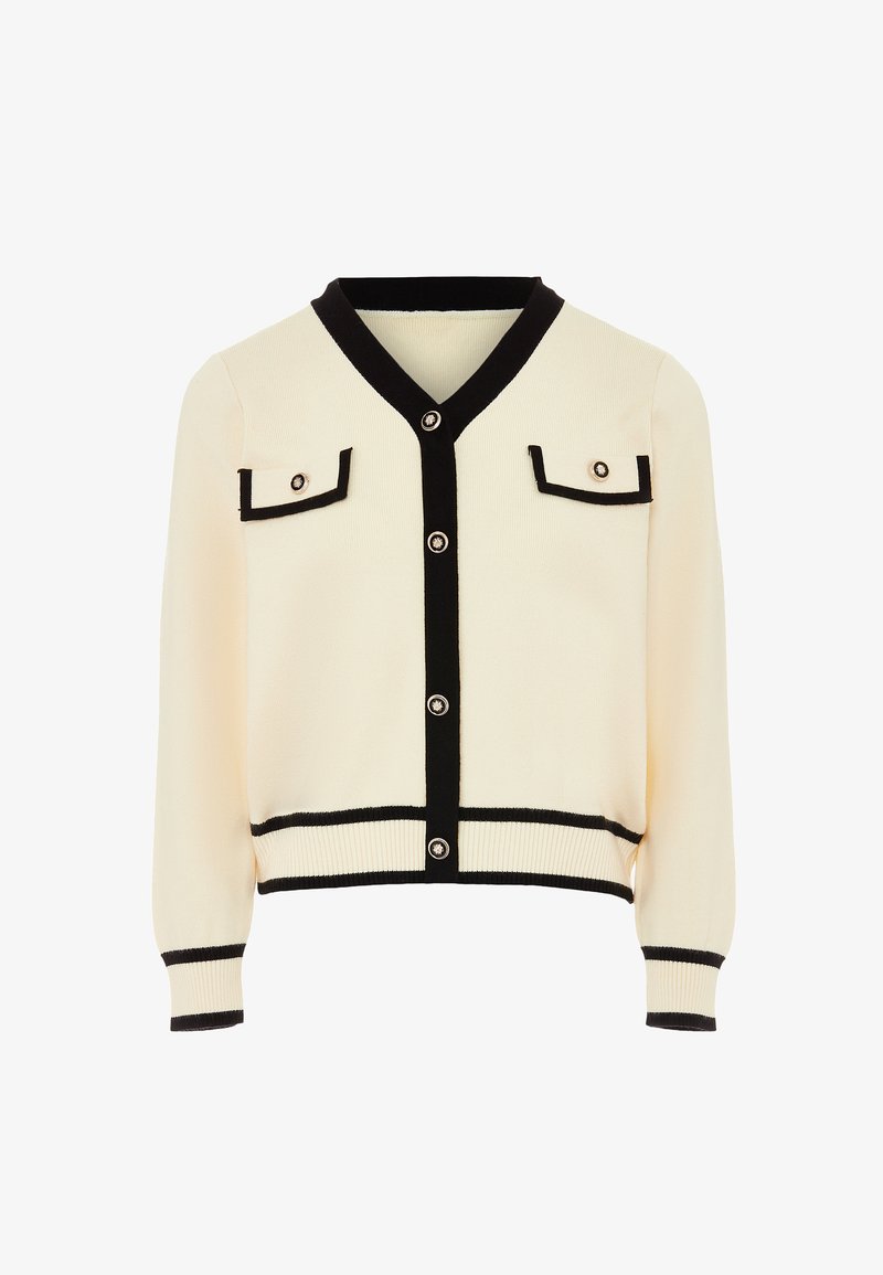 Elfenbensfärgad cardigan med svarta detaljer, V-ringning, två bröstfickor och knappt stängning med dekorativa silverknappar samt ribbade manschetter och nederkant.
