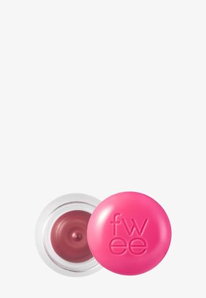 Petit récipient rond ouvert avec maquillage crème mauve et un couvercle rose vif embossé des lettres "fwee".