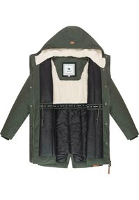 Hooded parka jacket in dark green, featuring a plush beige lining, zip closure, and black quilted inner layer with interior branding details.