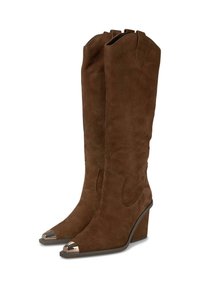 Botas de ante marrón hasta la rodilla con punta afilada, acentos metálicos en la punta y diseño de tacón cuña. Textura suave, silueta simple.