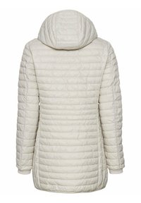 Gevoerde lichtbeige jas met capuchon, voorzien van een gequilt ontwerp, lange mouwen en geribbelde manchetten. De achterkant toont een gladde textuur.