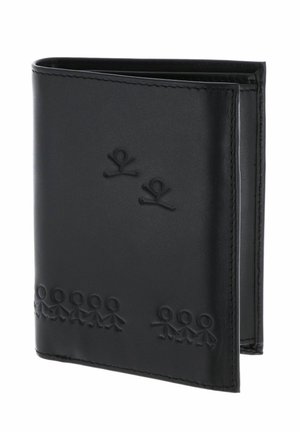 Portefeuille en cuir noir embossé avec de petites figures en bâton tenant la main le long du bas et deux figures près du centre.