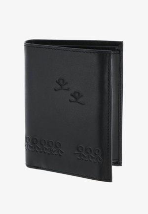 Black leather wallet embossed with small stick-figure people holding hands along the bottom and two figures near the center.