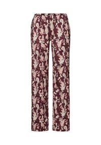 Paarse patroonbroek met een elastische tailleband, met een bloemenontwerp in tinten roze en crème, met een rechte pijp.