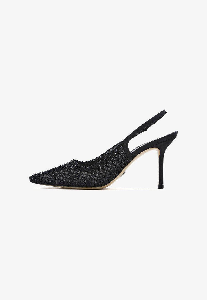 Zwarte hoge hak met mesh en slingback, puntige neus en slanke stilettohak op een witte achtergrond.