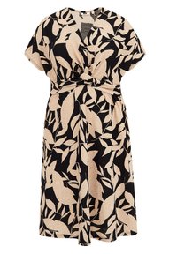 Black dress with a knot at the waist, featuring a beige leaf pattern. Short sleeves and a V-neck design. Lightweight, textured fabric.